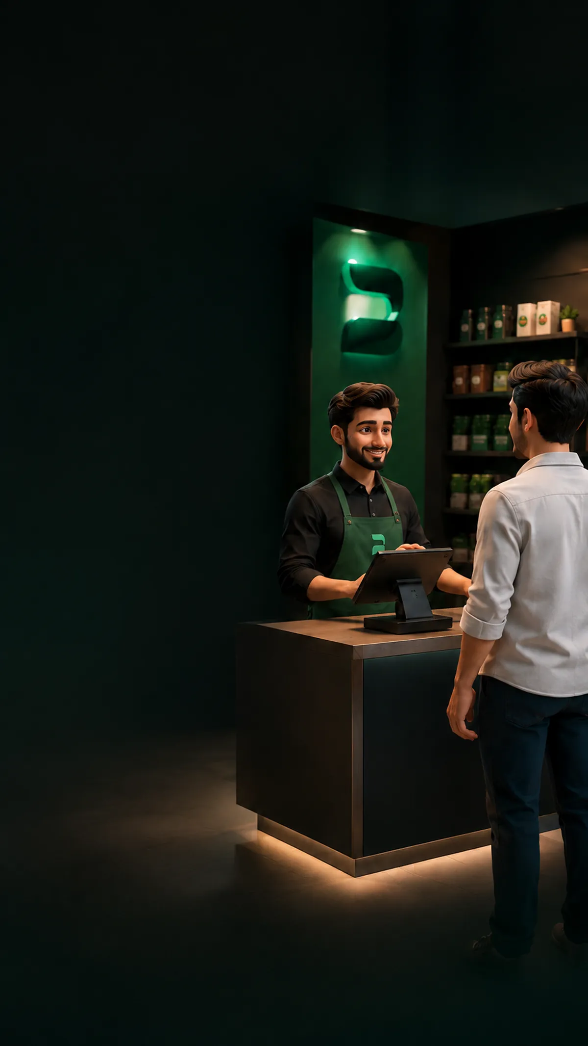 كاشير يخدم عميل عند كاونتر يحمل شعار باجي